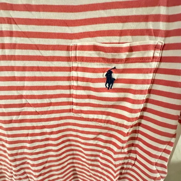 Polo Ralph Lauren Men's Salmon Stripes w/ Navy Logo Pocket Crew T-shirt Size Med - Picture 2 of 3